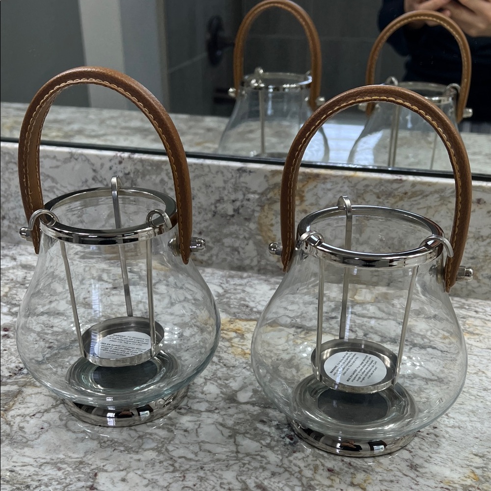 2 Pottery Barn Glass Lanterns with Tan Leather Handle